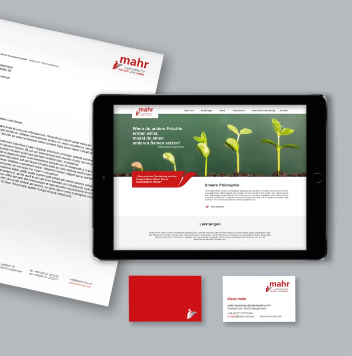 mahr business development GmbH – Coroprate Design: mahr business developement – Corporate Design, Redesign Logo, Geschäftsausstattung inkl. Wordvorlagen, Website, Konzept zur Logoverwendung und Give aways